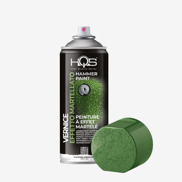 Farba HAMMER FINISH "kladivková" - použiteľná na kov, drevo, hliník, sklo a mnoho druhov natierateľných plastových materiálov, zn. HQS (kladivková zelená), 400ml